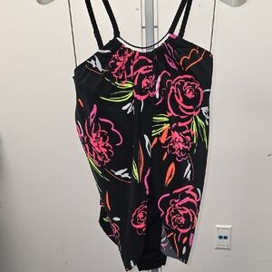 Magicsuit Black Floral One-Piece with Neon Pink and Neon Green Accents